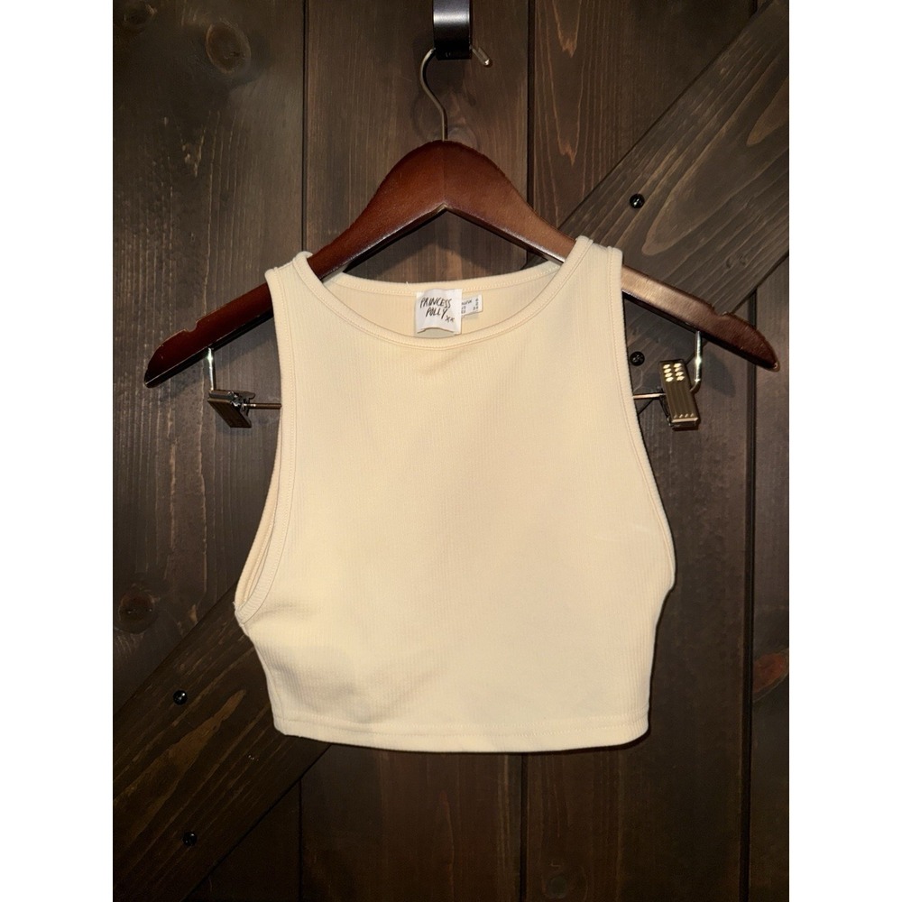 PRINCESS POLLY Sz 2 Tan Beige Ribbed Sleeveless Crop-Length Tank Top